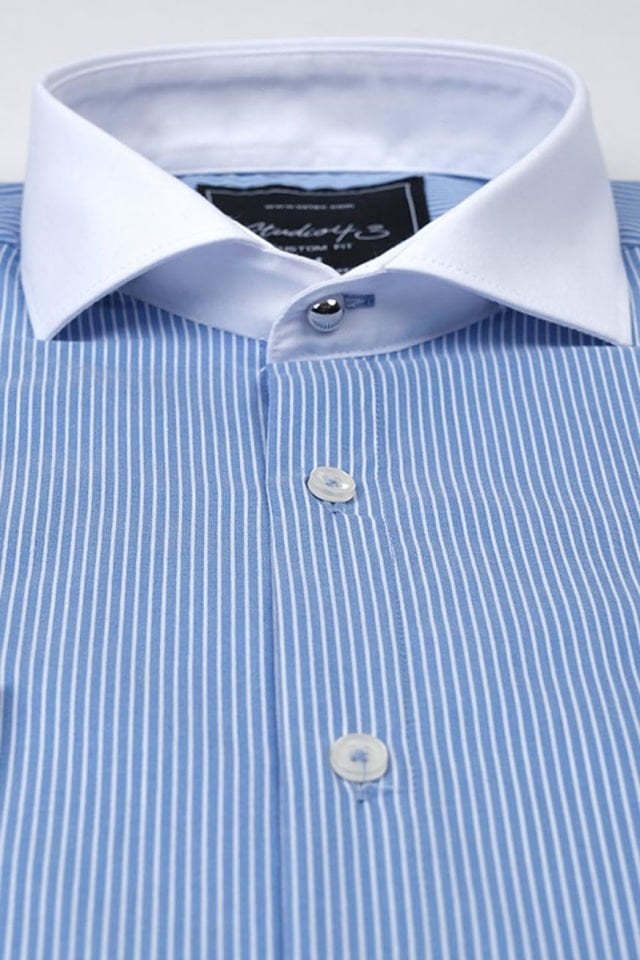 Shelby Men's Metal Buttoned British Spread Collar King Striped Shirt - Sky Blue
