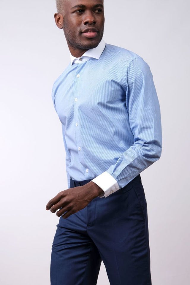 Shelby Men's Metal Buttoned British Spread Collar King Striped Shirt - Sky Blue