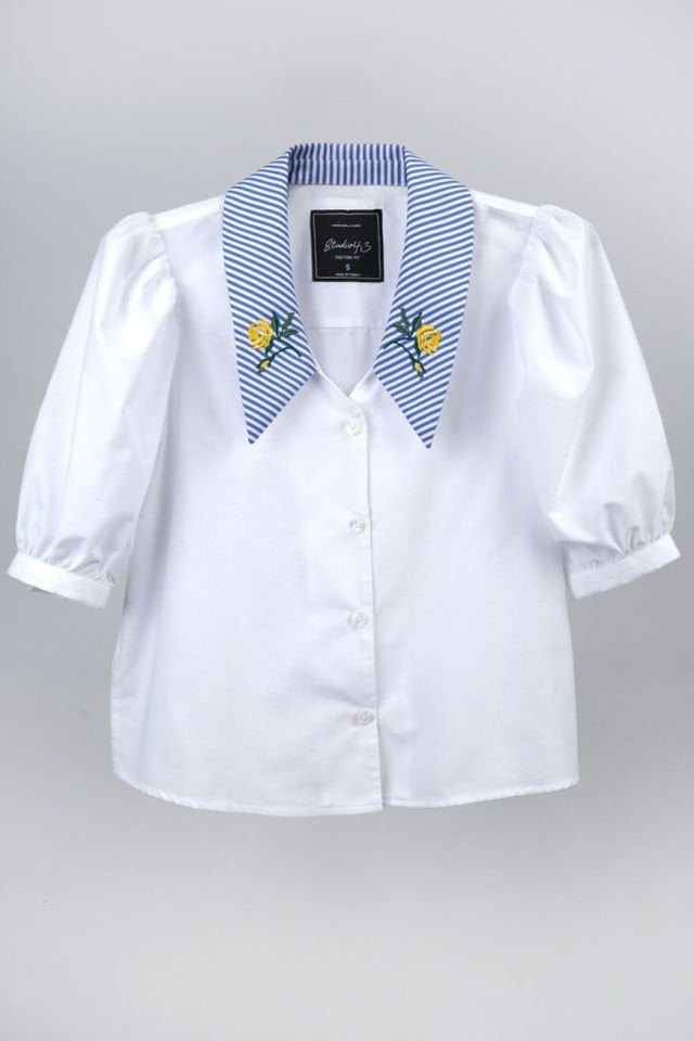 Mia Women's Oversized Pointed Collar Puff Sleeve Shirt w/ Embroidery - White