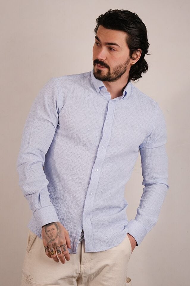 2208 GOFRE KING SLIM SAFARİ KOL GÖMLEK 5705/1 MAVİ