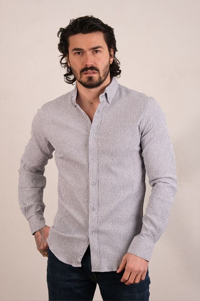 2208 GOFRE KING SLIM SAFARİ KOL GÖMLEK 5705/3 LACİVERT