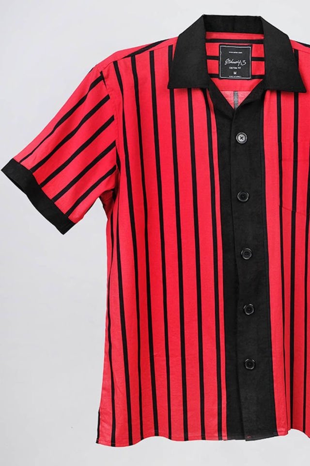 Stingray Men's Cuban Collar King Striped Shirt w/ Faux Suede - Red & Black