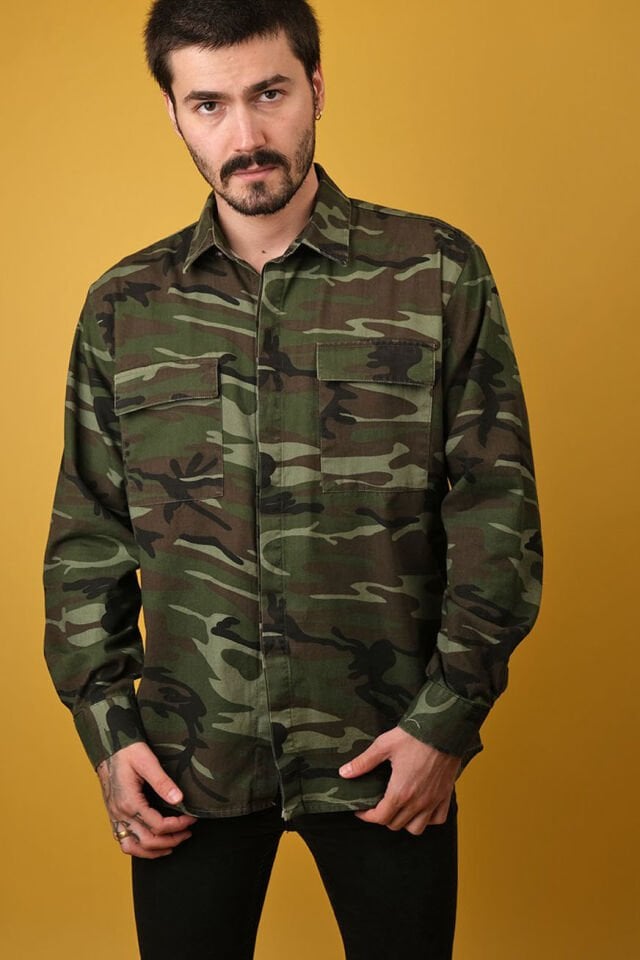 Camo Unisex Limited Edition Oversized Shirt w/ Leather Button & Camouflage Print - Dark Camo