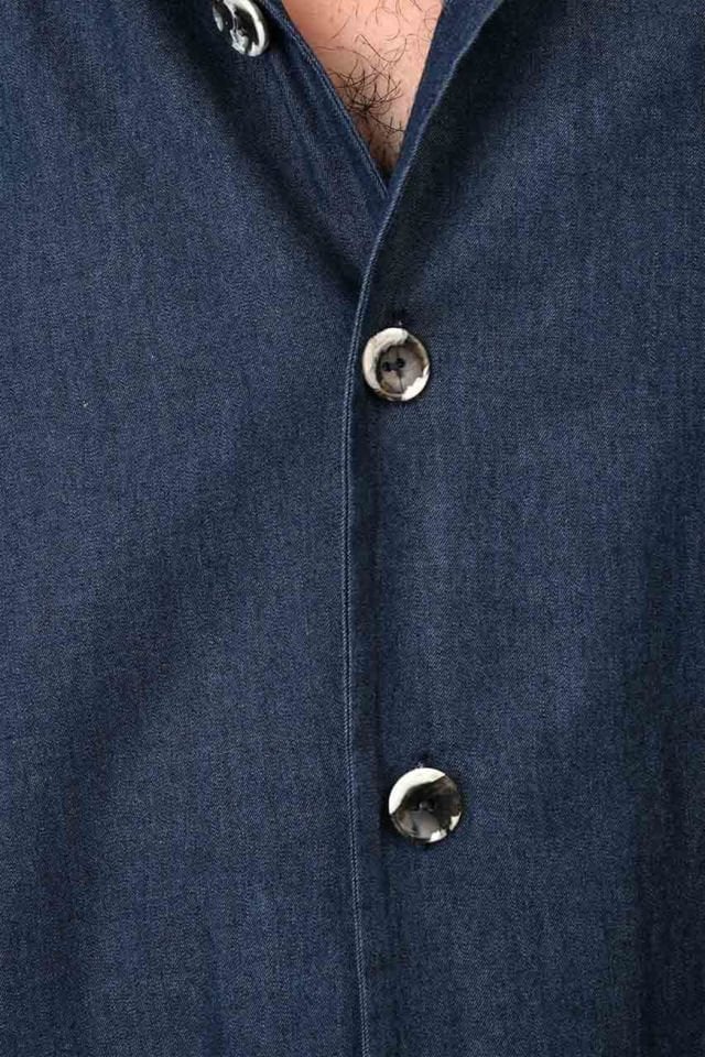 Lisboa Unisex Cuban Collar Washed Denim Shirt - Indigo