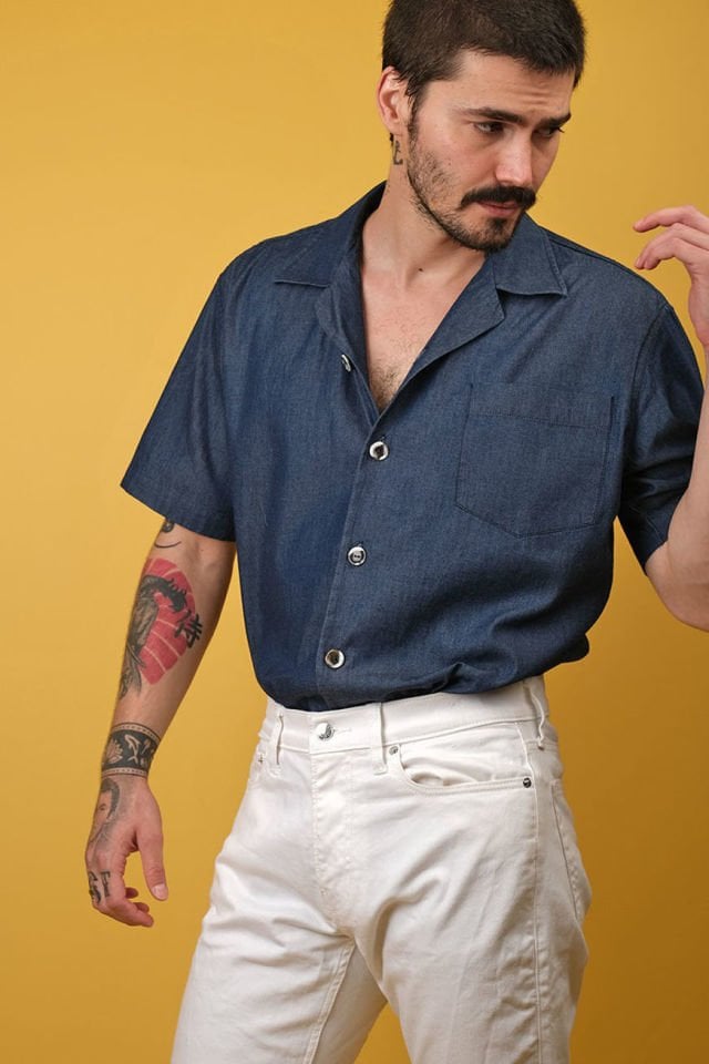 Lisboa Unisex Cuban Collar Washed Denim Shirt - Indigo