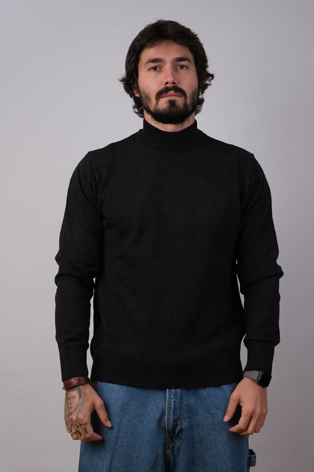 HTTŞ DÜZ BASIC SİYAH YARIM BALIKÇI KAZAK