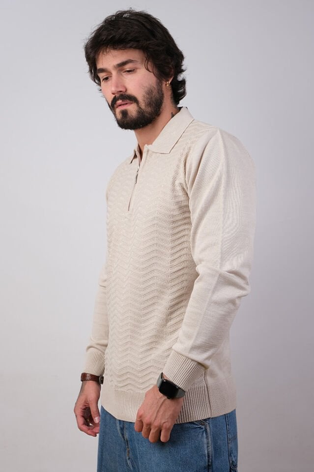 P853-43 BEJ FERMUARLI POLO YAKA KAZAK