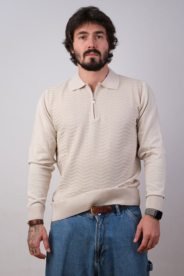 P853-43 BEJ FERMUARLI POLO YAKA KAZAK